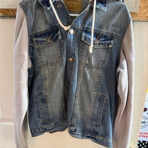 Carbon Blue Denim Jacket with Light Gray Knit Sleeves and Hood